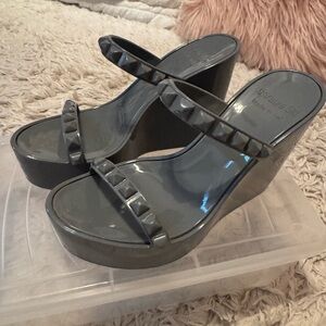 Elegant Gray Studded Wedge Sandals
